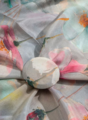 Pure Chinnon Chiffon Coin Grey Color Floral Hybrid Print Fabric.