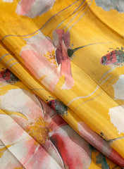 Pure Chinnon Chiffon Amber Yellow Color Floral Hybrid Print Fabric.