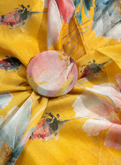 Pure Chinnon Chiffon Amber Yellow Color Floral Hybrid Print Fabric.