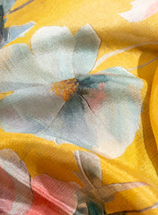 Pure Chinnon Chiffon Amber Yellow Color Floral Hybrid Print Fabric.