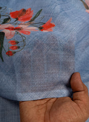 Art Linen Light Blue Color Floral Digital Print Fabric.