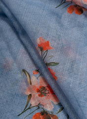 Art Linen Light Blue Color Floral Digital Print Fabric.