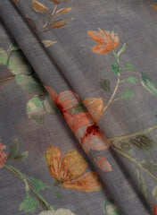 Art Linen Grey Color Floral Digital Print Fabric.