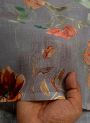 Art Linen Grey Color Floral Digital Print Fabric.