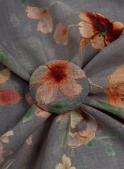 Art Linen Grey Color Floral Digital Print Fabric.