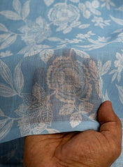Art Linen Sky Blue Color Floral Digital Print Fabric.