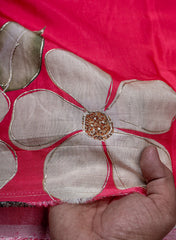 Pure Muslin Pink Color Big Floral Digital Printed Fabric with Kupi Work