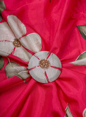 Pure Muslin Pink Color Big Floral Digital Printed Fabric with Kupi Work