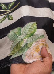 Pure Muslin Black Color Thick Strips Digital Printed Fabric with Kupi Work