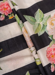 Pure Muslin Black Color Thick Strips Digital Printed Fabric with Kupi Work