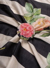 Pure Muslin Black Color Thick Strips Digital Printed Fabric with Kupi Work