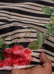 Pure Muslin Black Color Thin Strips Digital Printed Fabric with Kupi Work