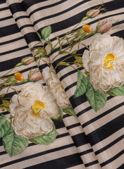 Pure Muslin Black Color Thin Strips Digital Printed Fabric with Kupi Work