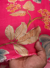 Pure Muslin Pink Color Floral Digital Printed Fabric with Kupi Work