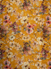 Pure Muslin Dark Yellow Color Floral Digital Printed Fabric with Kupi Work