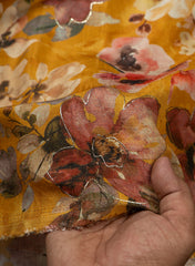 Pure Muslin Dark Yellow Color Floral Digital Printed Fabric with Kupi Work