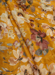 Pure Muslin Dark Yellow Color Floral Digital Printed Fabric with Kupi Work