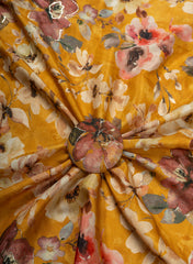 Pure Muslin Dark Yellow Color Floral Digital Printed Fabric with Kupi Work