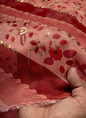 Pure Chinnon Rani Pink with Deep Maroon Color Position Print Embroidered Fabric