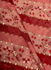 Pure Chinnon Rani Pink with Deep Maroon Color Position Print Embroidered Fabric