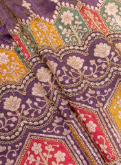 Pure Tissue Purple Position Print with Intricate Floral Embroidery