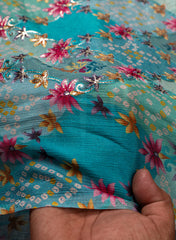 Pure Chinnon Chiffon Blue Color Position Print Embroidered Fabric