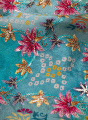 Pure Chinnon Chiffon Blue Color Position Print Embroidered Fabric