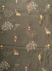 Mul Chanderi Olive Color Floral Pattern Embroidery Fabric.