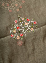 Mul Chanderi Olive Color Floral Pattern Embroidery Fabric.