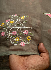 Mul Chanderi Olive Color Floral Pattern Embroidery Fabric.