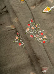Mul Chanderi Olive Color Floral Pattern Embroidery Fabric.