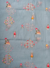 Mul Chanderi Grey Color Floral Pattern Embroidery Fabric.