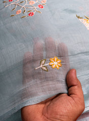 Mul Chanderi Grey Color Floral Pattern Embroidery Fabric.