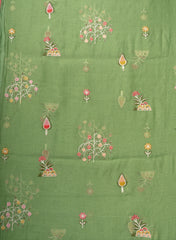 Mul Chanderi Green Color Floral Pattern Embroidery Fabric.