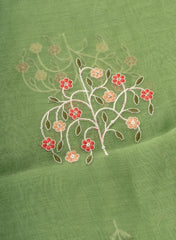 Mul Chanderi Green Color Floral Pattern Embroidery Fabric.