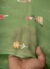 Mul Chanderi Green Color Floral Pattern Embroidery Fabric.