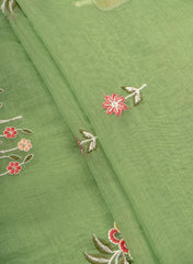 Mul Chanderi Green Color Floral Pattern Embroidery Fabric.