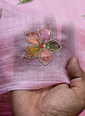 Mul Chanderi Baby Pink Color Floral Pattern Embroidery Fabric