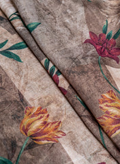 Art Linen Brown Color Floral Digital Print Fabric.