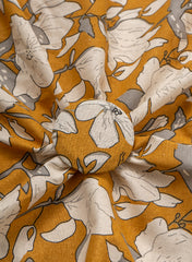 Mustard Yellow Floral Bloom: Cotton Flex Discharge Print Fabric with Abstract Magnolia Pattern