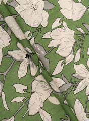 Green Color Floral Bloom: Cotton Flex Discharge Print Fabric with Abstract Magnolia Pattern