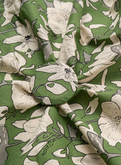 Green Color Floral Bloom: Cotton Flex Discharge Print Fabric with Abstract Magnolia Pattern