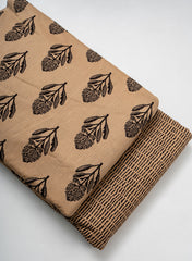 Cotton Flex Mix & Match Fabric in Beige & Black with Floral Buta and Linear Discharge Print Design