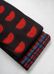 Cotton Flex Mix & Match Fabric – Black Base with Red Abstract Motif & Blue Geometric Print