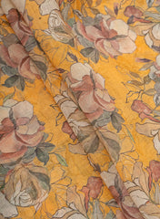 (Pre Cut-2.5 Meter) Art Linen Fabric – Yellow Color with Vibrant Digital Floral Print