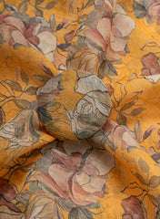 (Pre Cut-2.5 Meter) Art Linen Fabric – Yellow Color with Vibrant Digital Floral Print