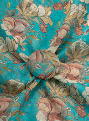 Art Linen Fabric – Sky Blue Color with Vibrant Digital Floral Print
