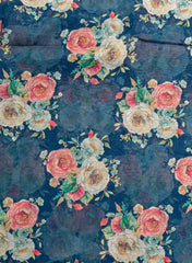 Art Linen Fabric – Navy Blue Color with Vibrant Digital Floral Print