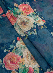 Art Linen Fabric – Navy Blue Color with Vibrant Digital Floral Print