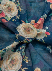 Art Linen Fabric – Navy Blue Color with Vibrant Digital Floral Print